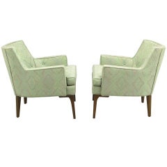 Pair Curved Back Club Chairs With Button Tufted Upholstery
