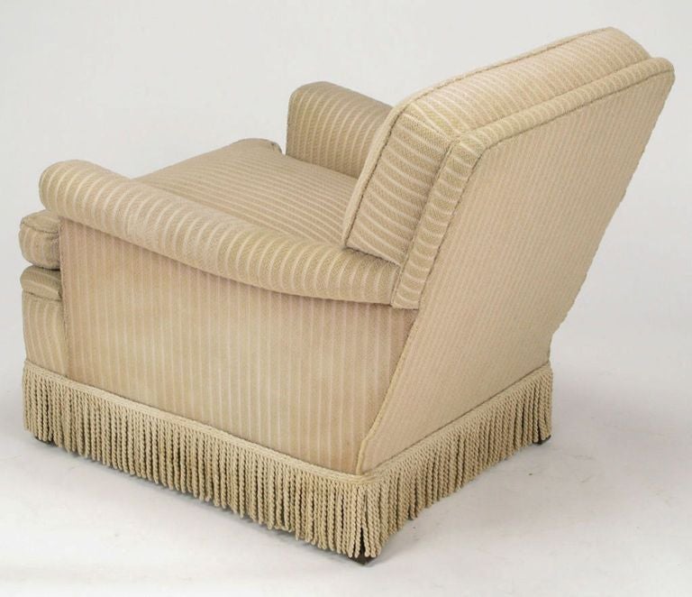 Wood Pair Rolled-Arm Club Chairs In Taupe Wool