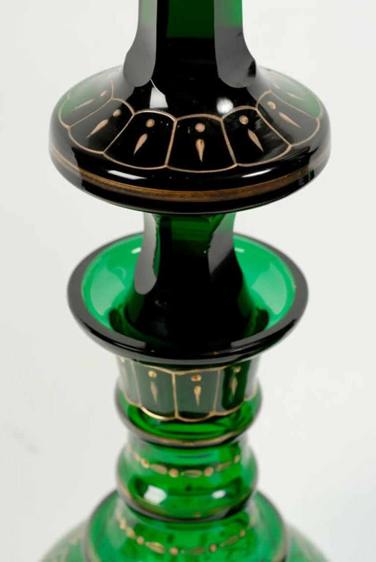 Pair 1920s Bohemian Tall Emerald Green Glass Decanters 1