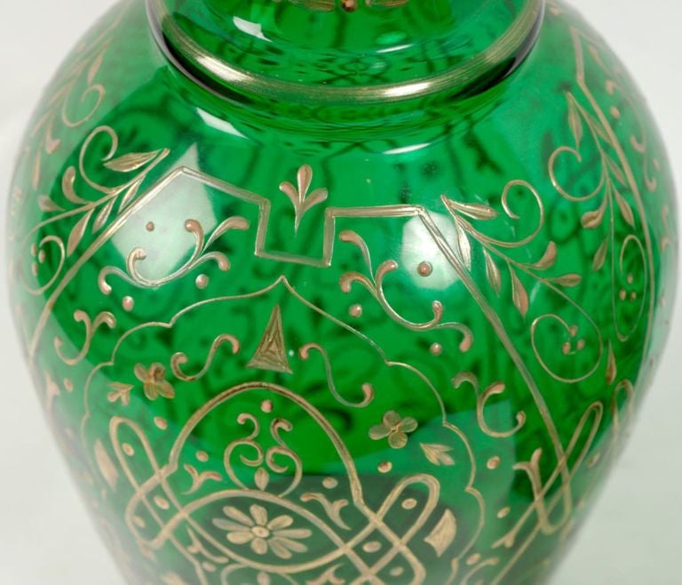 Czech Pair 1920s Bohemian Tall Emerald Green Glass Decanters