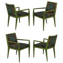 Four T.H. Robsjohn-Gibbings Moss Green Walnut Arm Chairs