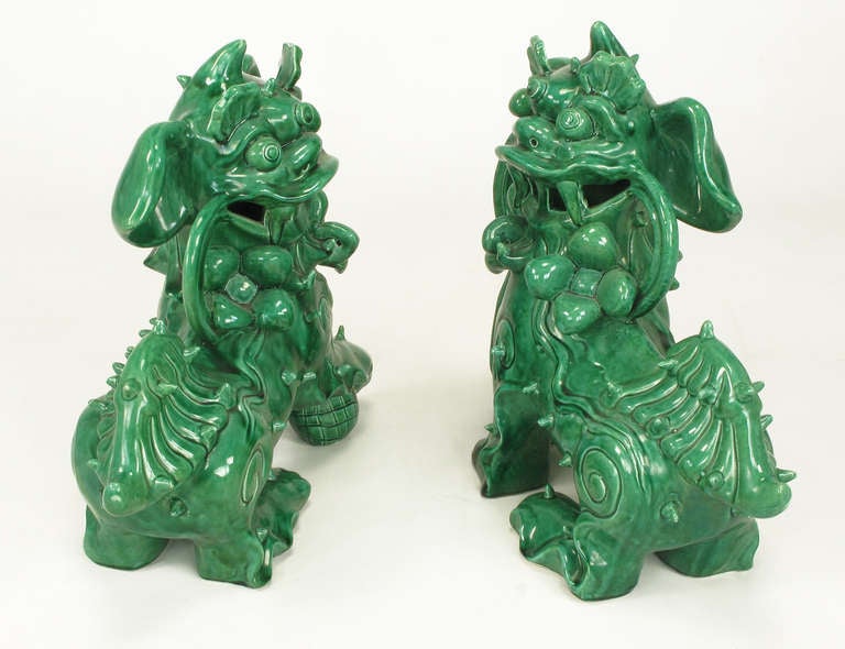 Large Pair Signed Emerald Green Ceramic Foo Dog Statues 1