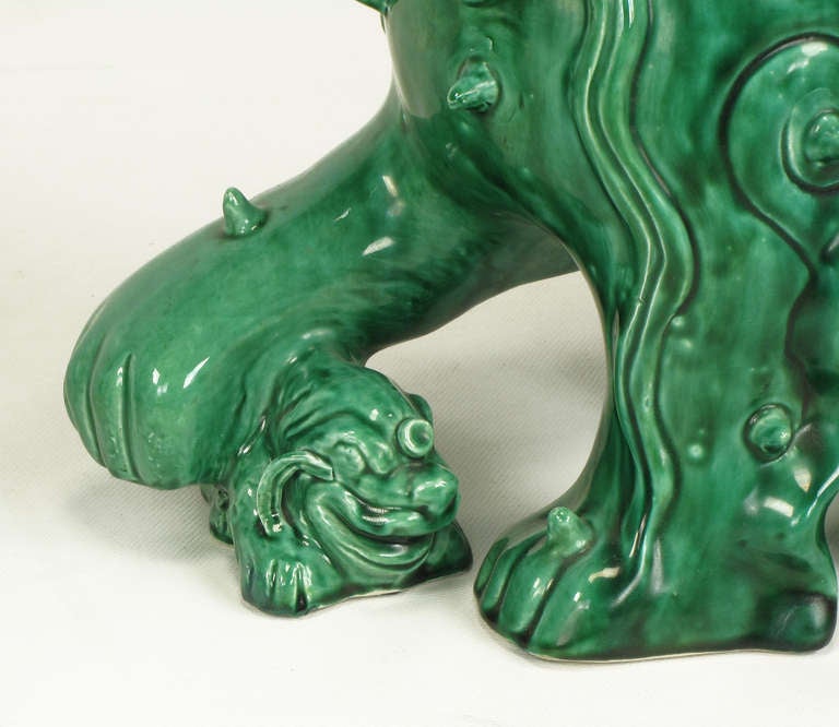 Large Pair Signed Emerald Green Ceramic Foo Dog Statues 4