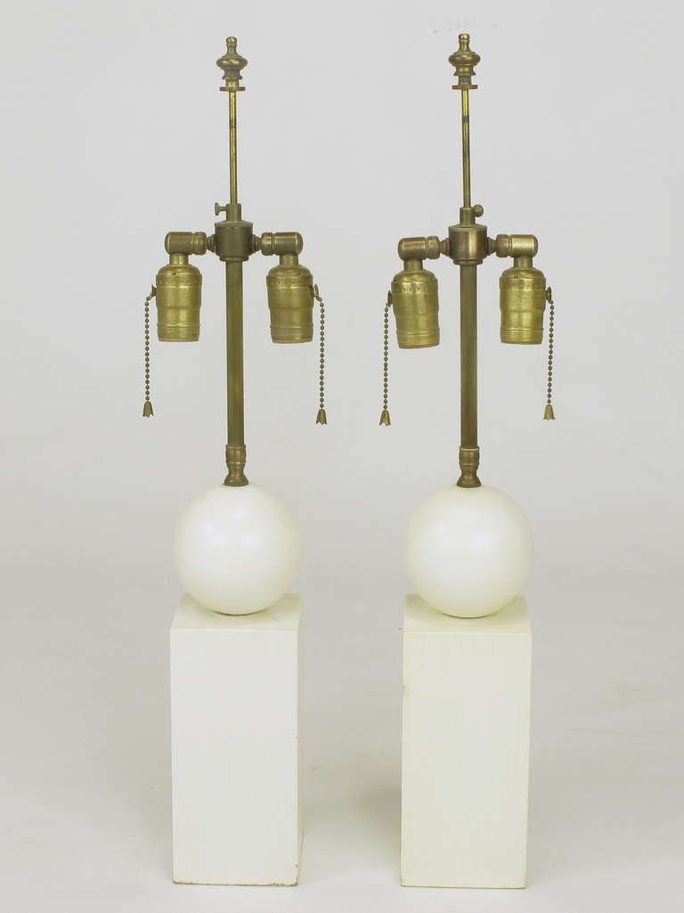 American Pair 1940s Custom Cream Lacquer Ball Over Pedestal Table Lamps