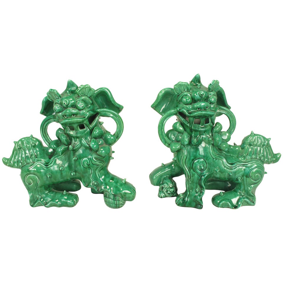 Large Pair Signed Emerald Green Ceramic Foo Dog Statues