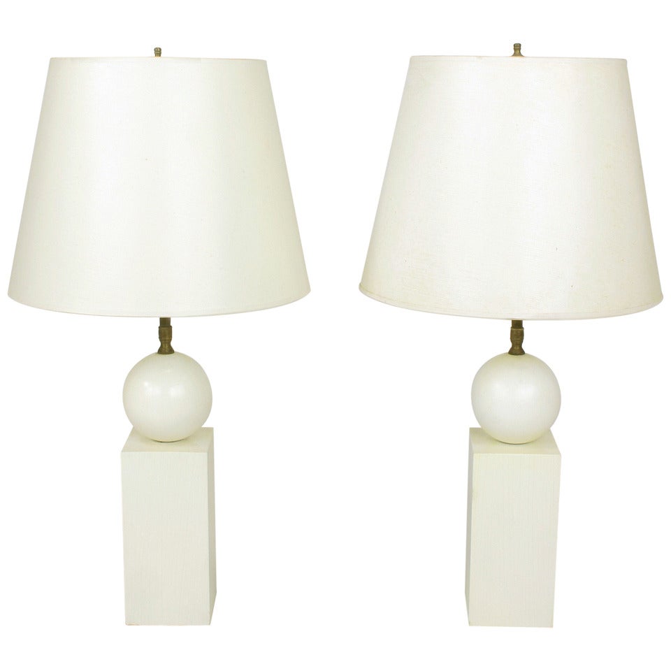 Pair 1940s Custom Cream Lacquer Ball Over Pedestal Table Lamps