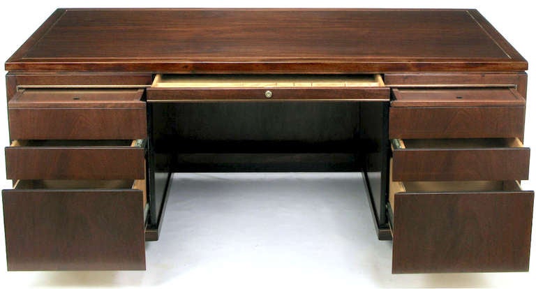 Edward Wormley Mahogany Executive Desk With Brass Inlay In Excellent Condition In Chicago, IL