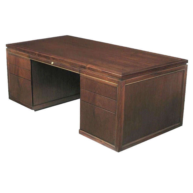 American Edward Wormley Mahogany Executive Desk With Brass Inlay