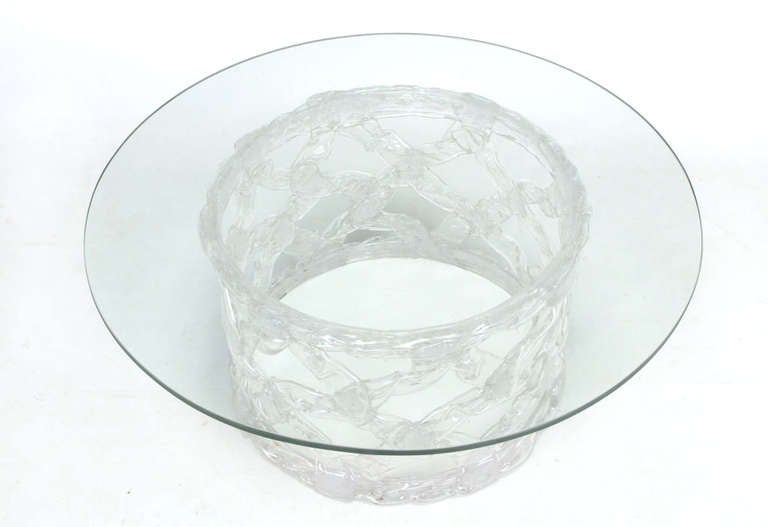 American Round Reticulated Lucite & Glass Coffee Table