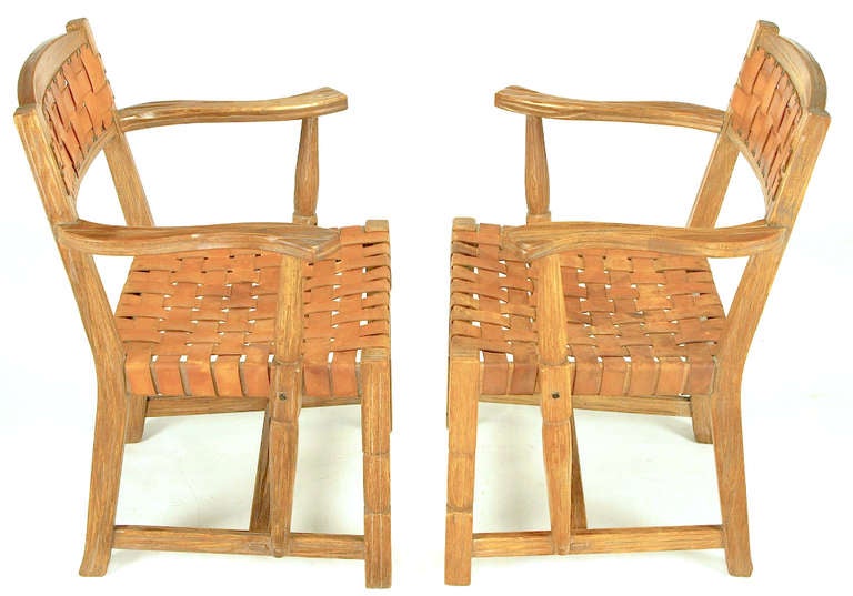 American Pair of Rustic White Oak and Woven Leather Armchairs