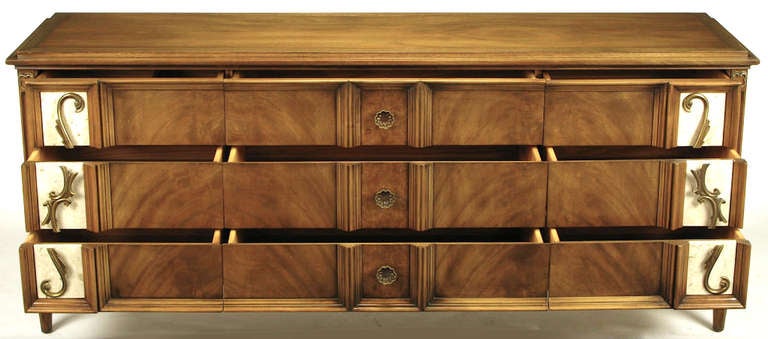 American Romweber Figured Walnut  Dresser With Crema Marble Inset Panels For Sale