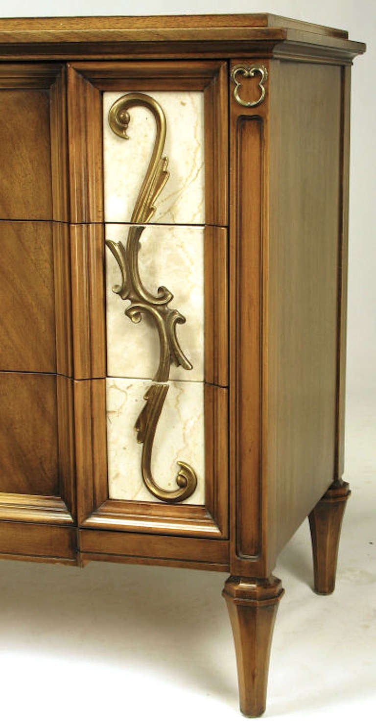 Burl Romweber Figured Walnut  Dresser With Crema Marble Inset Panels For Sale