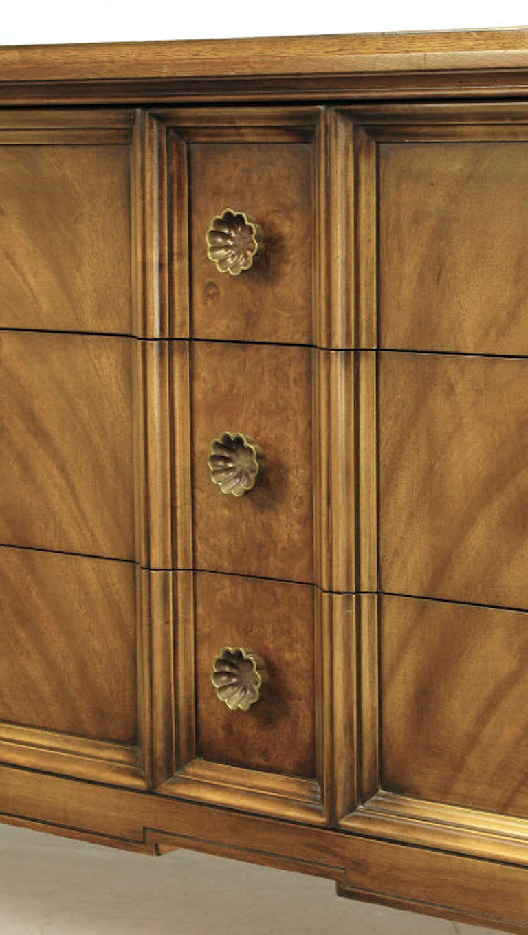 Romweber Figured Walnut  Dresser With Crema Marble Inset Panels In Good Condition For Sale In Chicago, IL