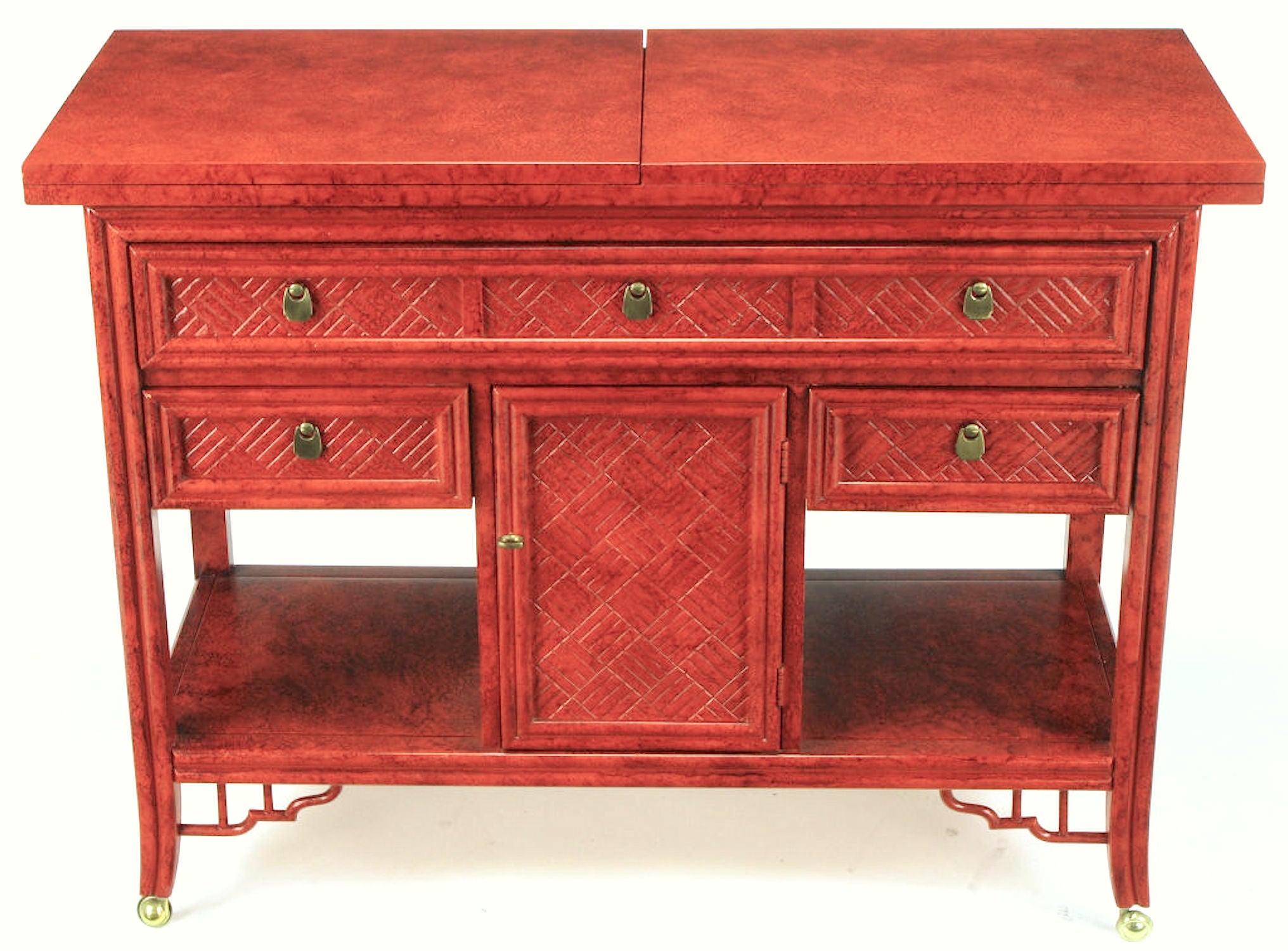 Glazed Cinnabar Flip-Top Chinoiserie Bar Cart/Server