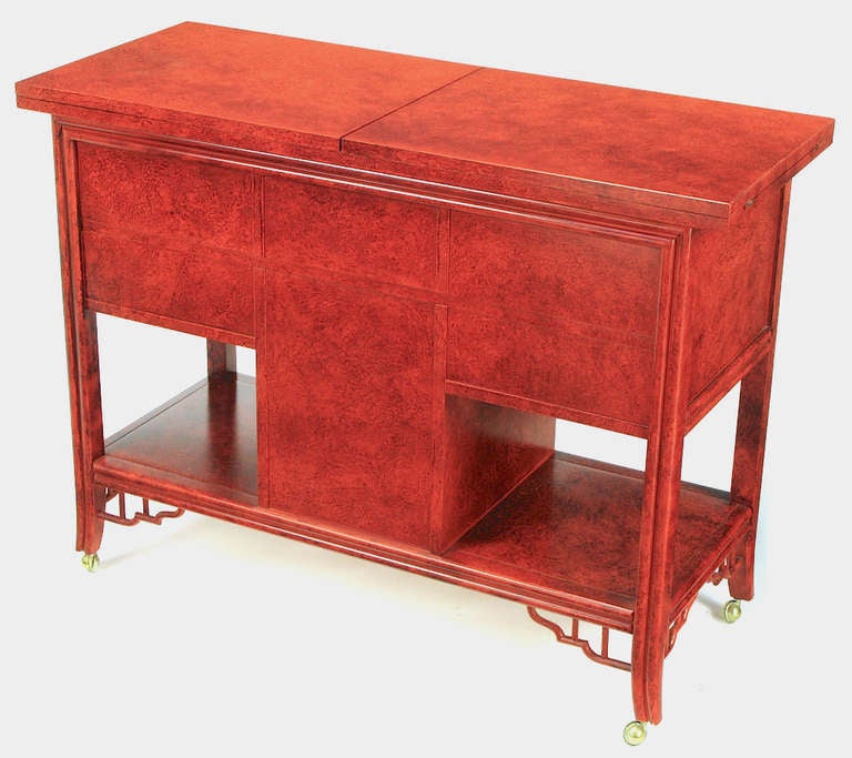 Mid-20th Century Glazed Cinnabar Flip-Top Chinoiserie Bar Cart/Server