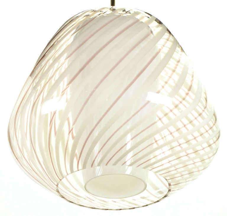 Large Lightolier Hand Blown Striped Glass Globe Pendant Light In Excellent Condition In Chicago, IL
