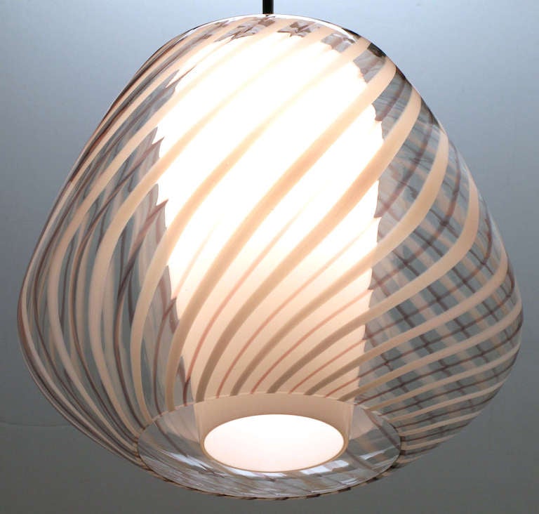 Large Lightolier Hand Blown Striped Glass Globe Pendant Light 2