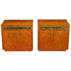 Pair Mastercraft Burled Amboyna Commodes with Acid Etched Brass Detail
