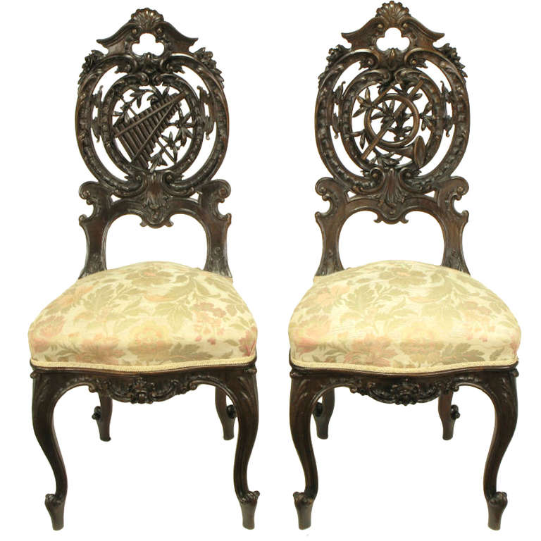 Pair of Early 1900s Hand-Carved Walnut French Regency Music Chairs