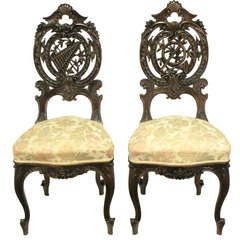 Antique Pair of Early 1900s Hand-Carved Walnut French Regency Music Chairs