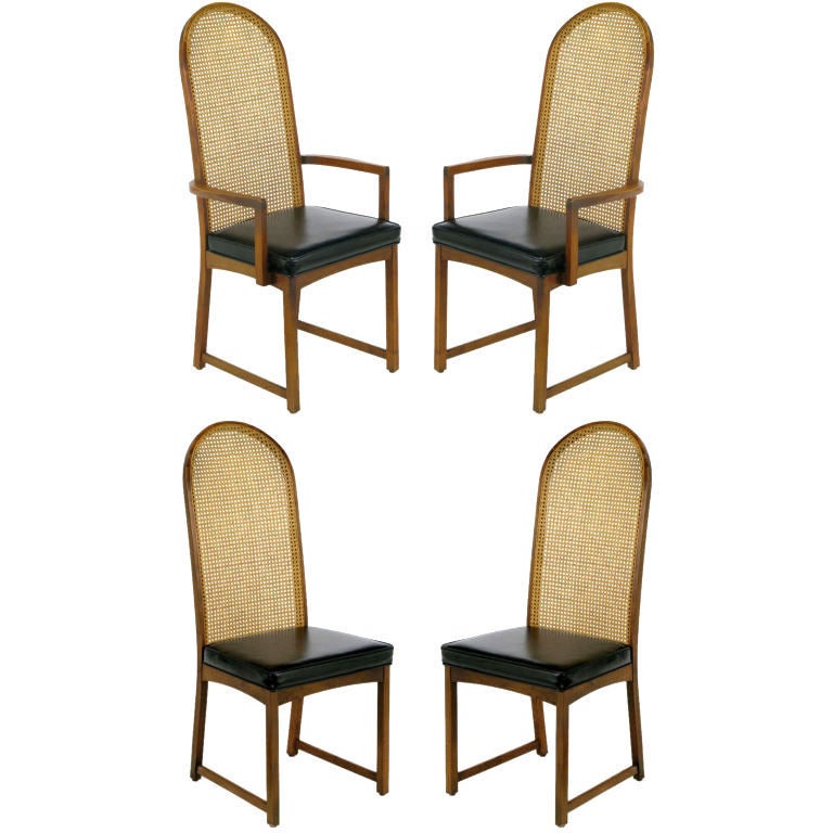 Four Milo Baughman Walnut & Cane Arch-Back Dining Chairs