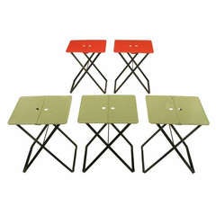 Five Folding Metal Tray Tables in Sage, Red & Black Lacquer