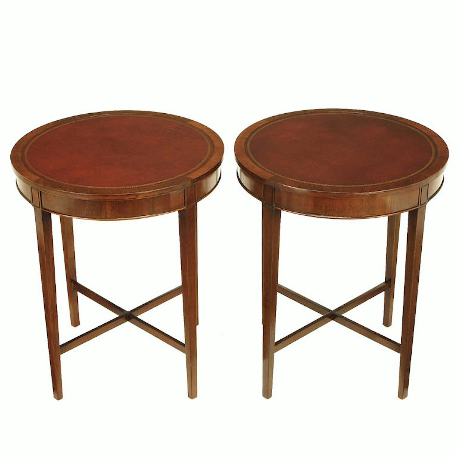 Elegant Pair Zangerle & Peterson Mahogany & Tooled Leather End Tables