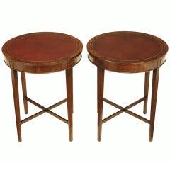 Antique Elegant Pair Zangerle & Peterson Mahogany & Tooled Leather End Tables