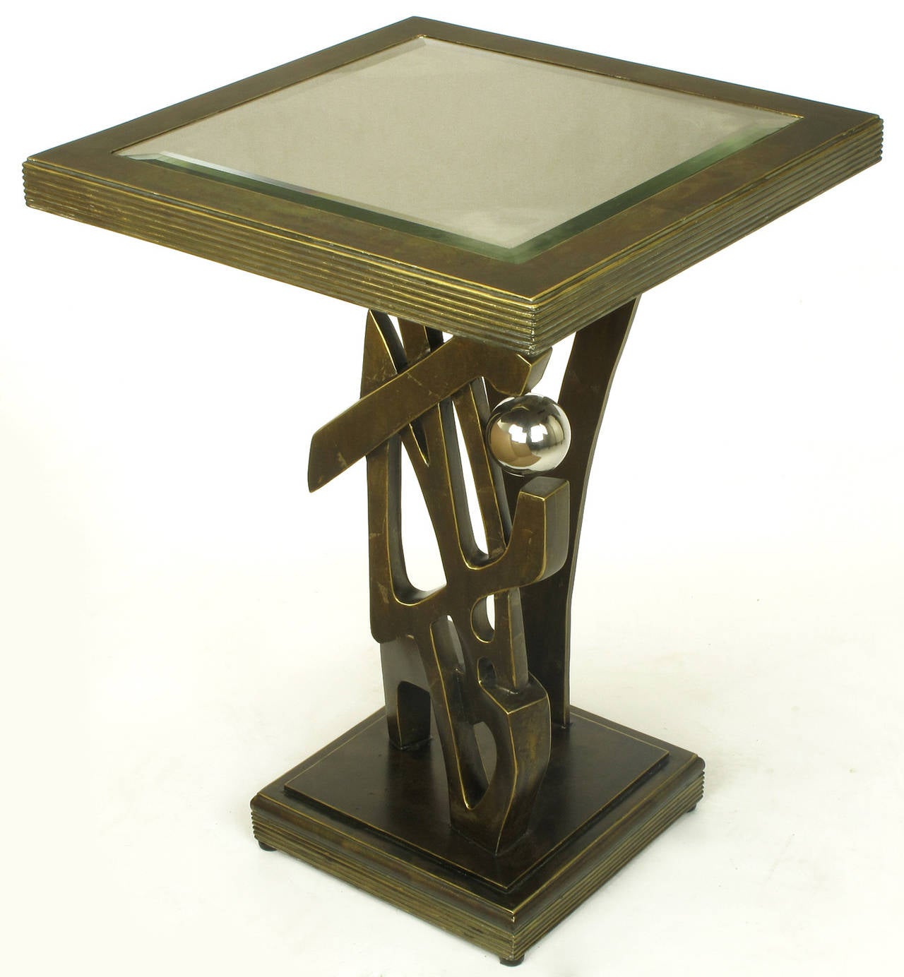 Bronzed Metal and Resin Artisan Sculpture Side Table with Chrome Ball