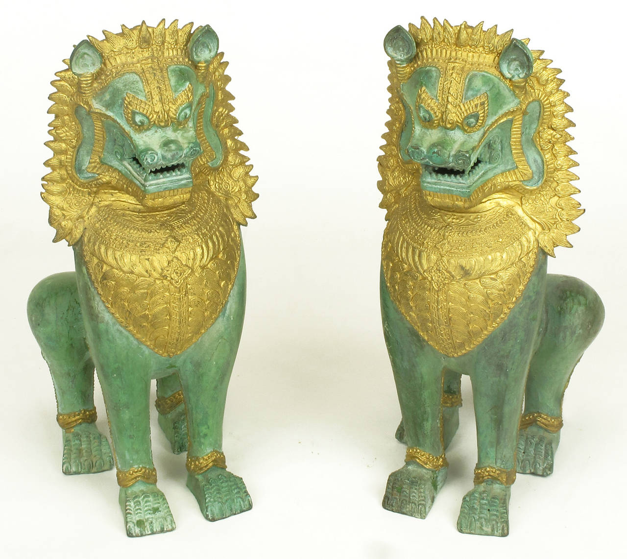 Chinese Pair of Parcel-Gilt Bronze Foo Dog Figures