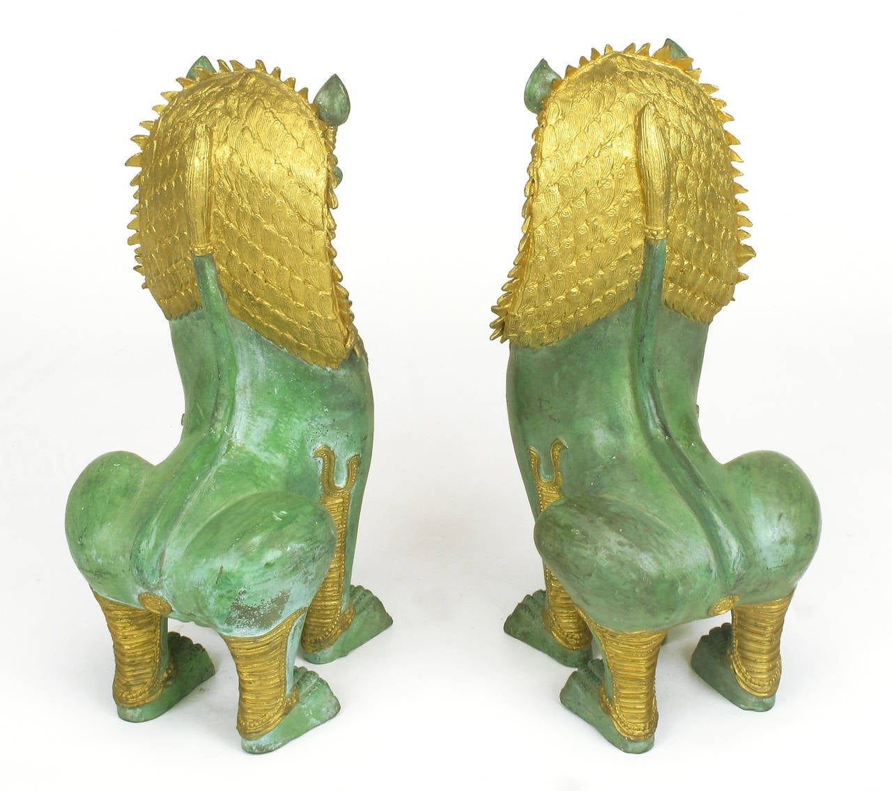 Late 20th Century Pair of Parcel-Gilt Bronze Foo Dog Figures