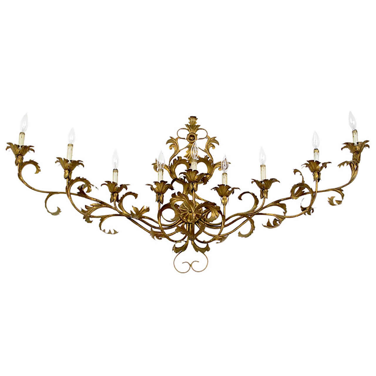 Wide Palatial Nine-Light Italian Gilt Tole Metal Sconce For Sale