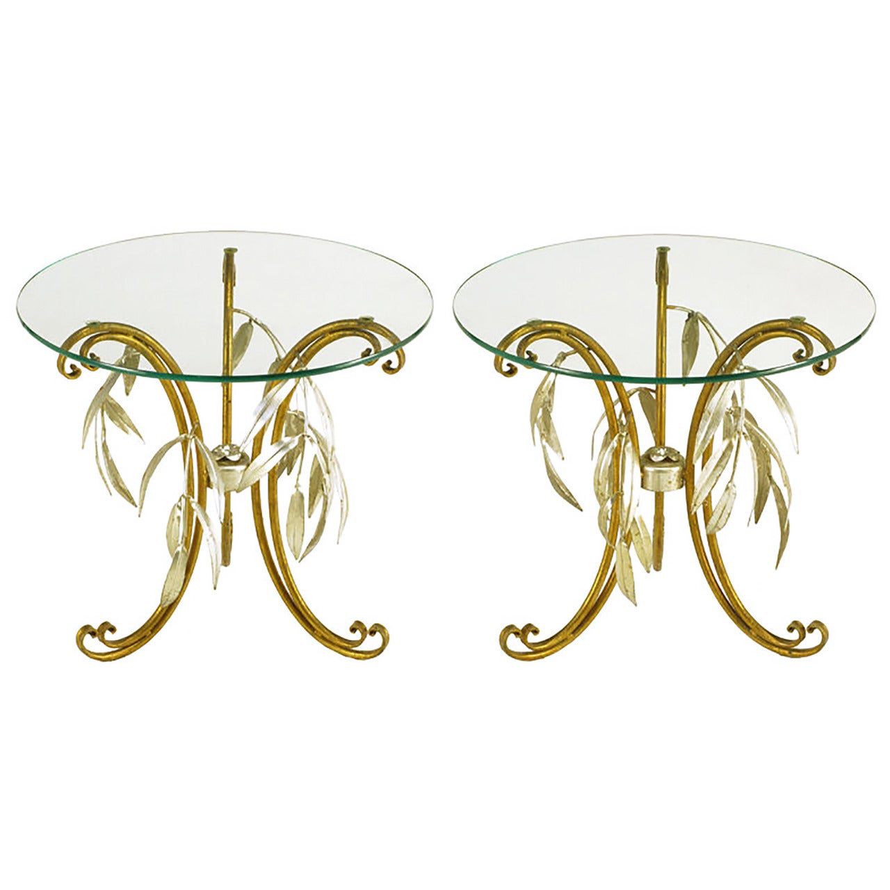 Pair of Italian Tole Metal and Silver Leaf Foliate End Tables