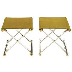 Pair of Chrome and Brass X-Base Sling Seat Stools