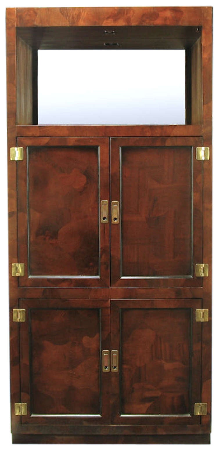 American Trio of Hekman Tall Campaign Cabinets in Patchwork Burl For Sale