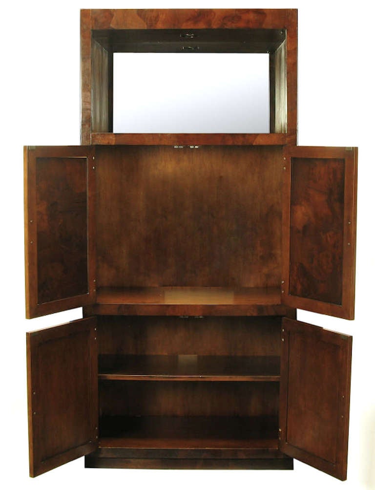 Trio of Hekman Tall Campaign Cabinets in Patchwork Burl In Good Condition In Chicago, IL