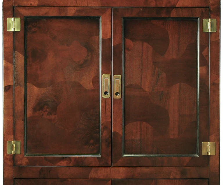 Trio of Hekman Tall Campaign Cabinets in Patchwork Burl 1