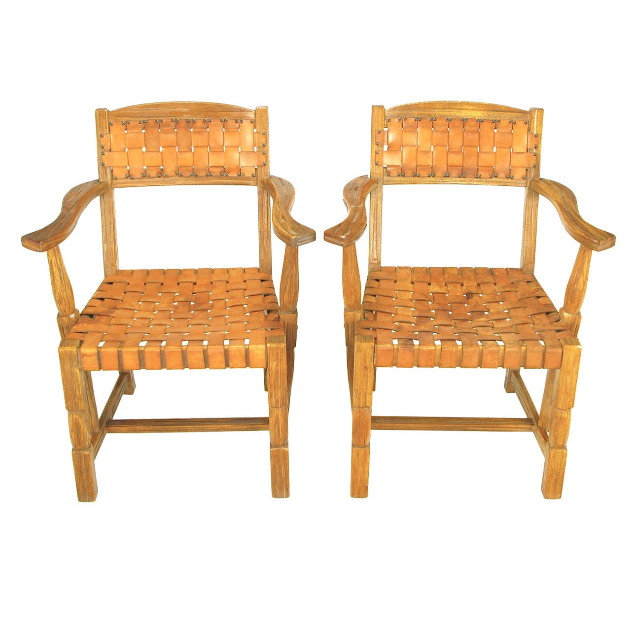 Pair of Rustic White Oak and Woven Leather Armchairs