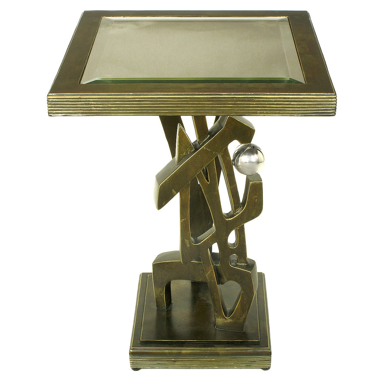 Bronzed Metal and Resin Artisan Sculpture Side Table with Chrome Ball