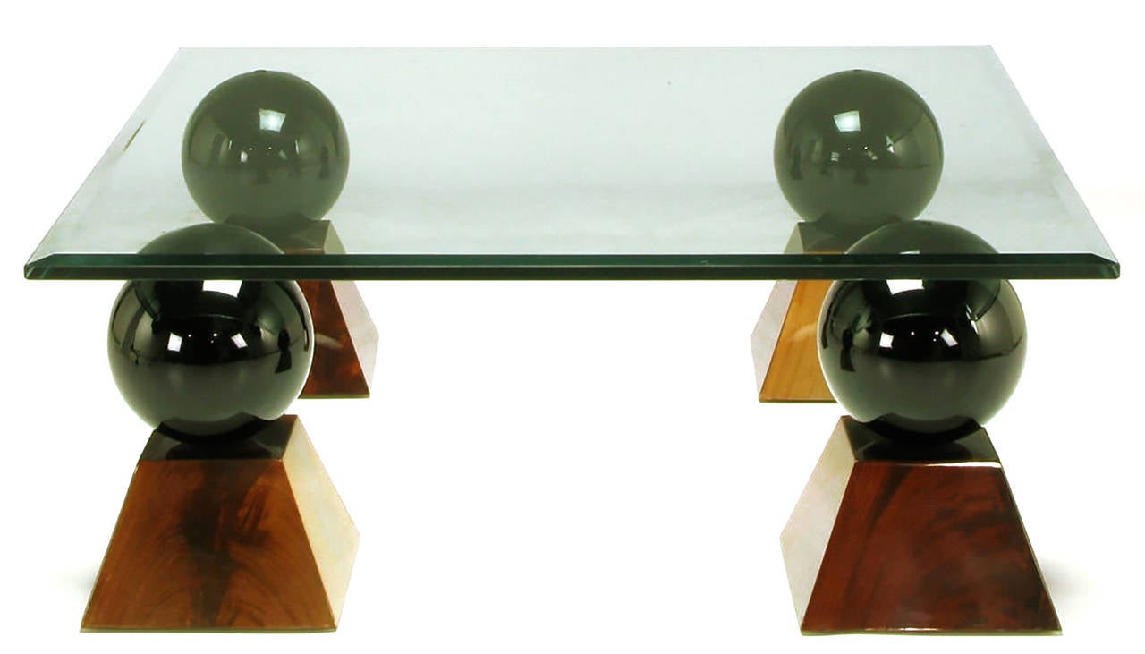 Italian Coffee Table of Glass Top over Black Spheres on Mahogany Pyramids