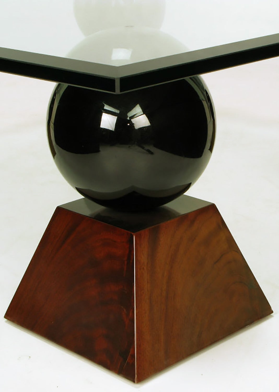 Italian Coffee Table of Glass Top over Black Spheres on Mahogany Pyramids 2