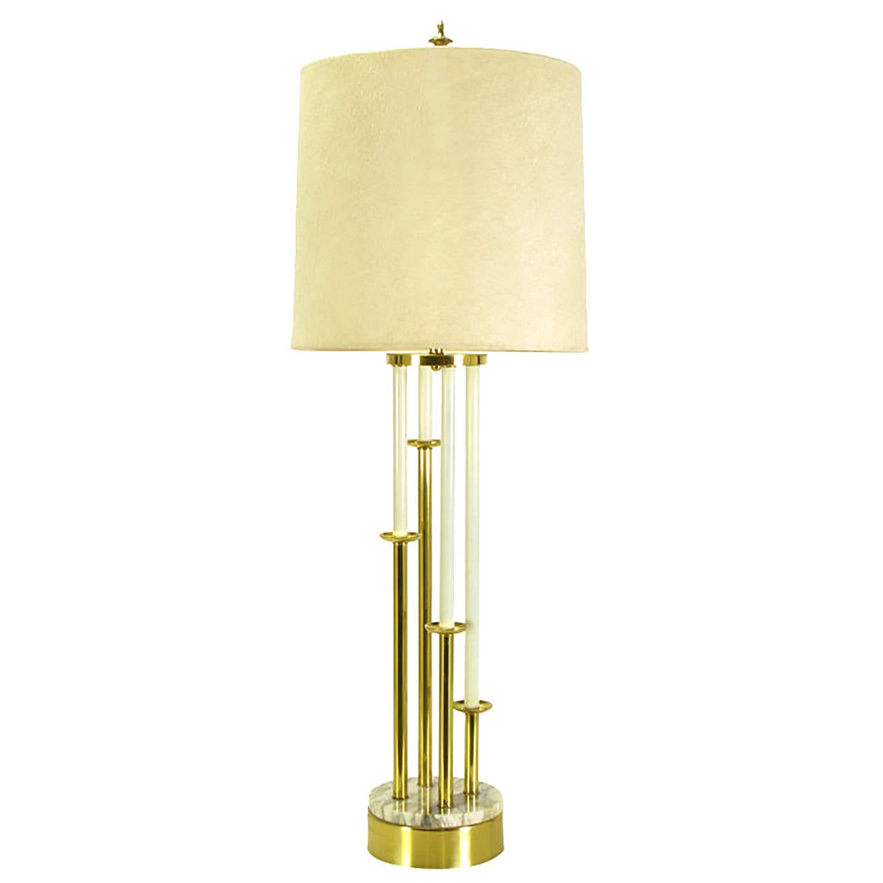 50 inch tall Rembrandt lighting table lamp. Sculptural stepped brass candlesticks on a round Carrara marble and brass base. Ivory lacquered 