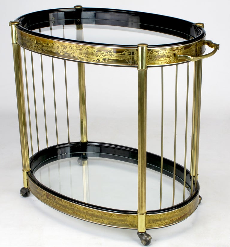 American Bernhard Rohne Etched Brass Oval Bar Cart by Mastercraft