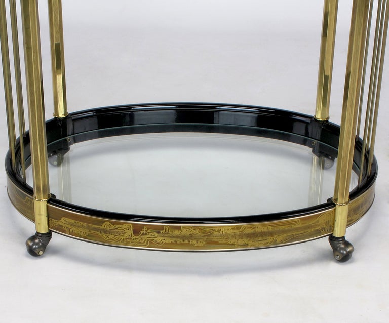 Glass Bernhard Rohne Etched Brass Oval Bar Cart by Mastercraft