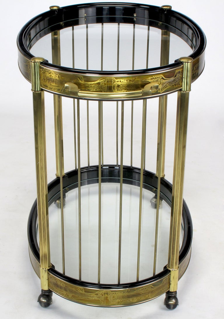 Bernhard Rohne Etched Brass Oval Bar Cart by Mastercraft In Excellent Condition In Chicago, IL
