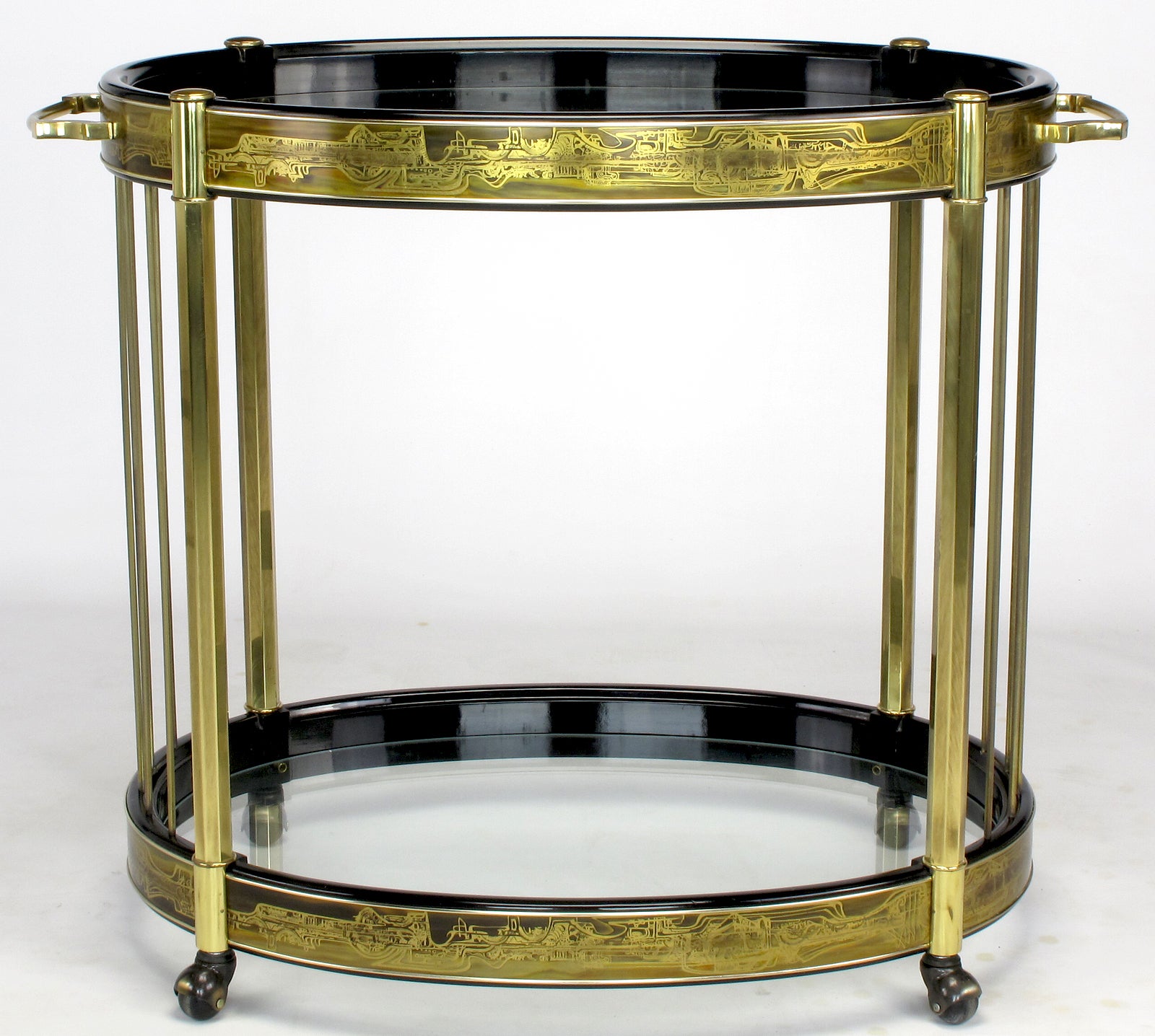Bernhard Rohne Etched Brass Oval Bar Cart by Mastercraft