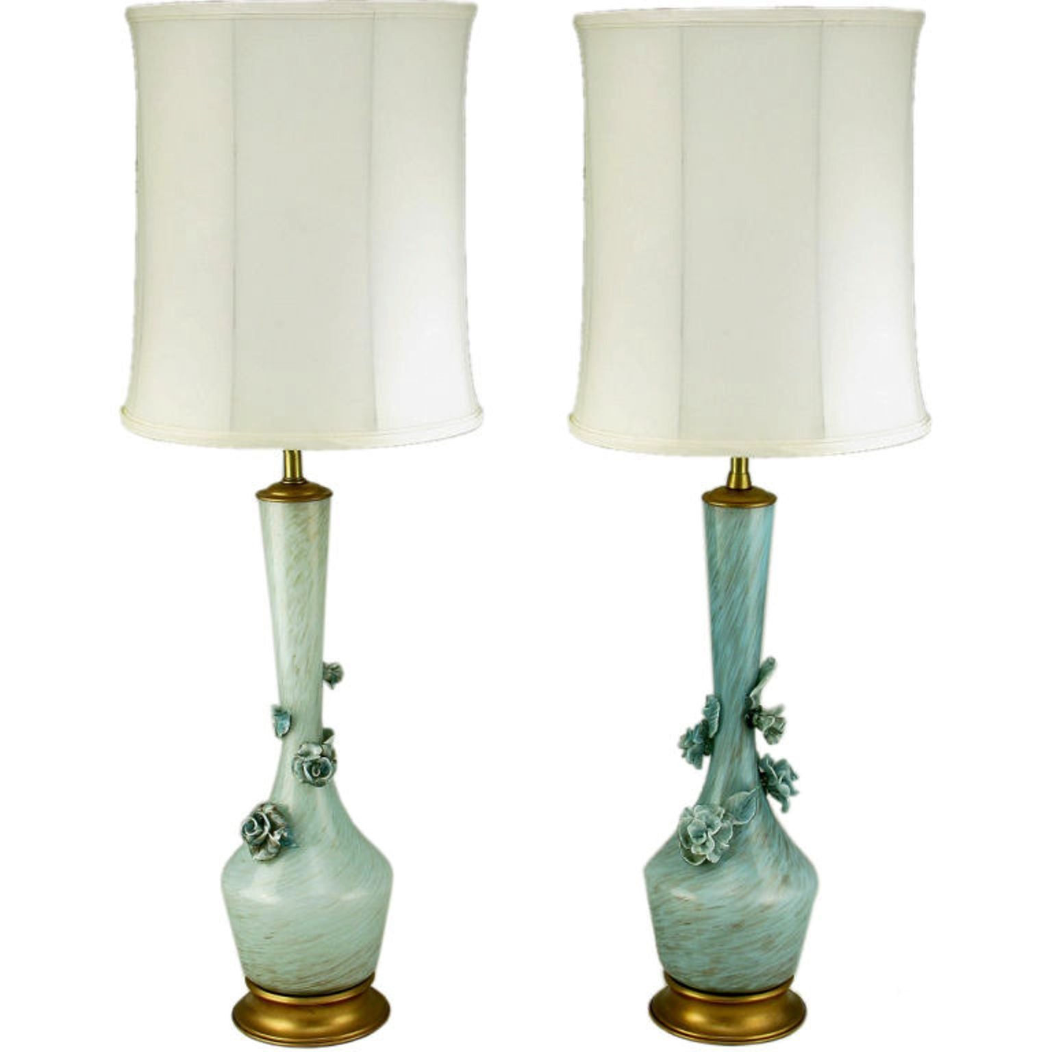 Pair Marbro Blue Murano Glass Table Lamps With Floral Appliques