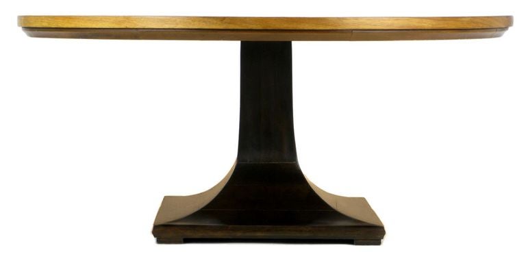 Round Teak, Walnut and Rosewood Inlaid Pedestal Coffee Table In Excellent Condition In Chicago, IL