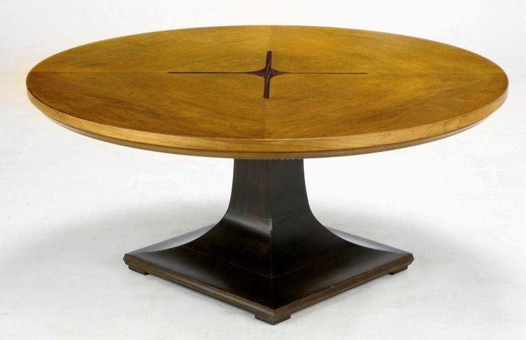 American Round Teak, Walnut and Rosewood Inlaid Pedestal Coffee Table