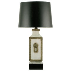 Neoclassical Crackle Glaze & Parcel Gilt Greek Key Table Lamp